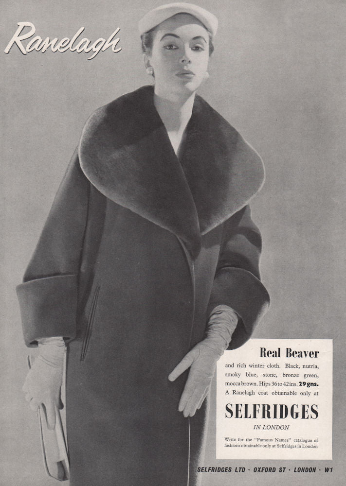Ranelagh Real Beaver coats. Fashion advert. BRITISH VOGUE 1955 old print